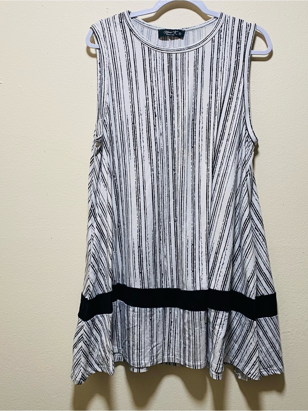 Mimi K Sleeveless Black & White Striped Swing Dress Made In USA Size XL